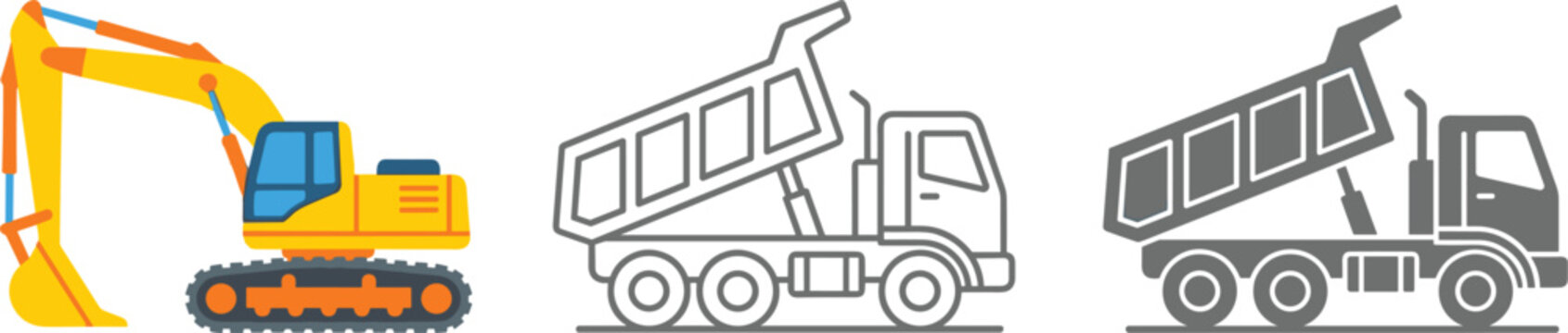 Heavy Construction Machinery Icon Set Featuring Yellow Tracked Excavator and Tipper Dump Truck in Flat Outline and Silhouette Styles Vector Illustration