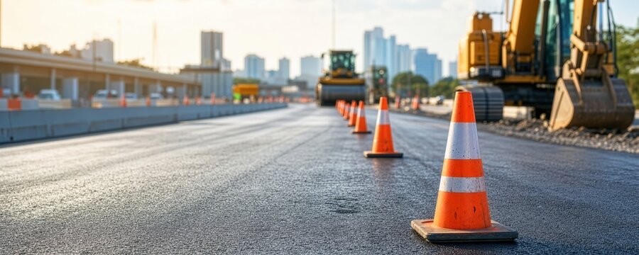 Orange Traffic Cones on Asphalt Road with Construction Machinery in Background on Sunny Day, Road safety and highway construction concept.