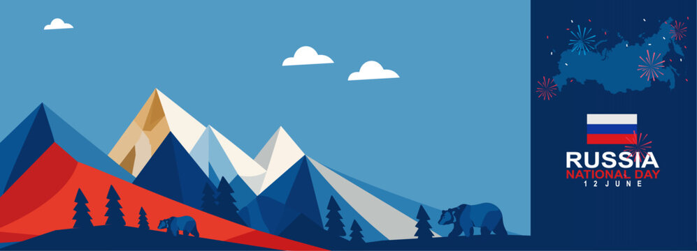 Russia National Day 12 June celebration banner. Geometric low poly mountain landscape background with wild bears, Russian map silhouette, fireworks, and national flag colors.