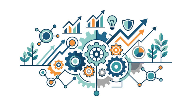 Business growth strategy with interlocking gears and data icons