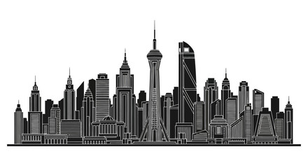 Obraz premium Modern city skyline silhouette with skyscrapers, urban architecture