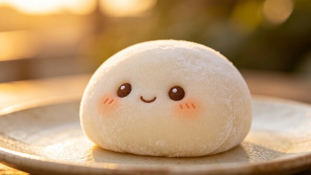 Cute Mochi Cake Character with Sweet Face, Soft, Dusty Flour Texture, Blurred Background