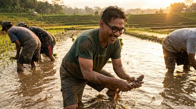 Indonesian villager catching fish in a muddy rice field with joyful cinematic countryside atmosphere.