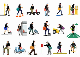 Fototapeta premium A diverse set of 18 flat vector characters in casual urban settings, walking, commuting, carrying bags, and interacting with city infrastructure.