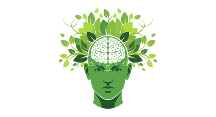 Green Head with Brain and Leaves - Eco-Friendly Mind Concept © Giesel