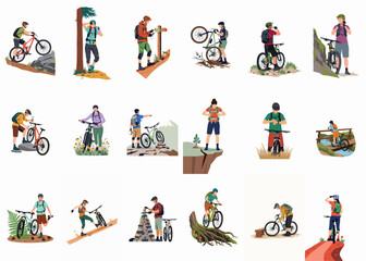 Fototapeta premium Set of diverse flat vector illustrations featuring people mountain biking and hiking in scenic outdoor environments during various adventure activities.