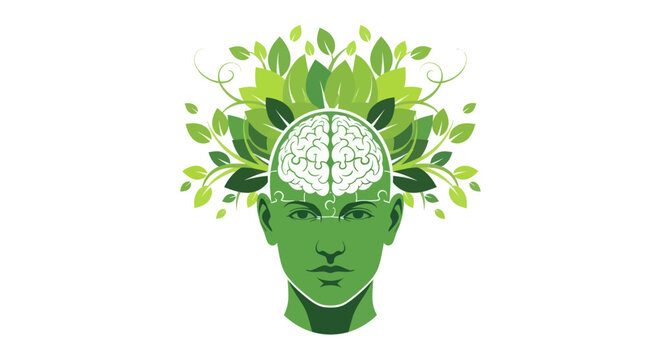 Green Head with Brain and Leaves - Eco-Friendly Mind Concept