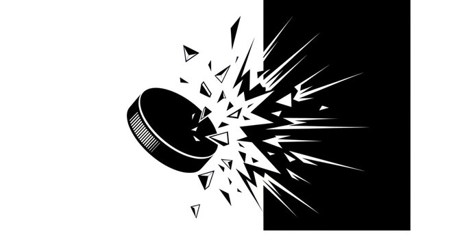 Ice Hockey Puck Exploding with Sharp Geometric Fragments on Black and White Background