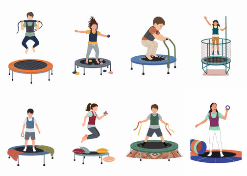Set of children playing and jumping on various types of trampolines for physical therapy, sensory integration, and fun.