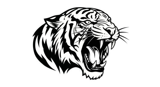 Fierce Tiger Roaring Head, Black and White Vector Illustration
