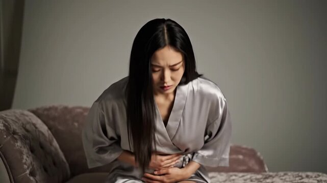 Asian woman in silk robe suffering from severe acid reflux and stomach pain while sitting on a sofa at home