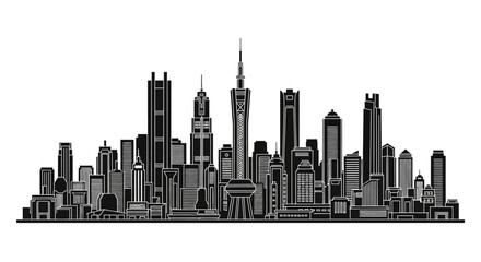 Obraz premium Modern city skyline silhouette with skyscrapers, urban architecture