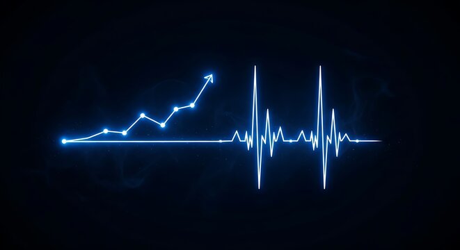 Glowing blue heartbeat line with rising financial arrow, medical ecg monitor pulse, digital stock market growth graph on dark background
