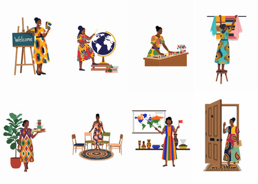Flat vector illustrations of an African woman in diverse professional roles such as hospitality, teaching, and event planning, wearing colorful patterned dresses.