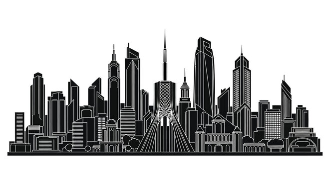Tehran City Skyline Silhouette with Azadi Tower Landmark
