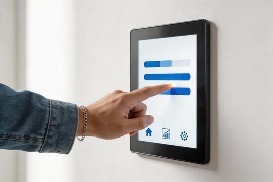 Hand interacting with wallmounted touchscreen