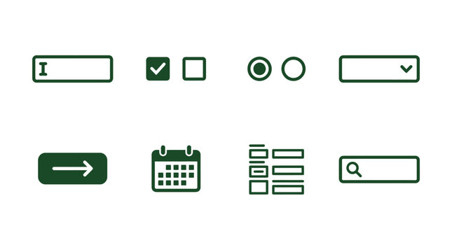 Various simple green icons representing user interface elements for digital applications and websites