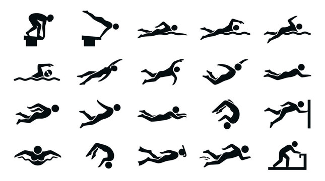 Black silhouettes of people diving swimming.