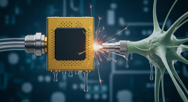 Microchip connected to a biological neuron with electrical sparks