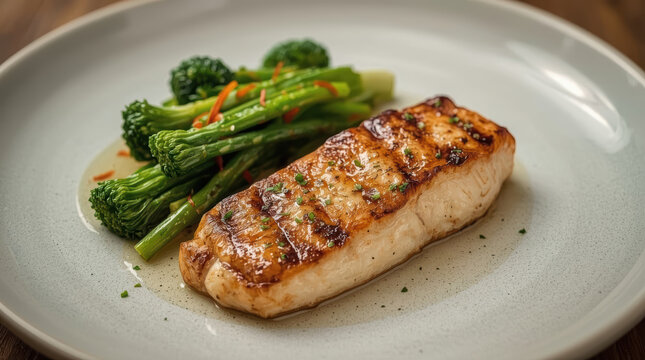 Grilled protein with broccolini and light glaze, savory charred sear and steamed vegetable