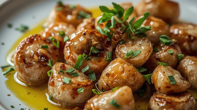 Glossy roasted garlic cloves drizzled with olive oil and fresh herbs, savory and aromatic