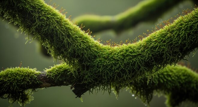 Thick Velvety Moss Growing on a Branch in a Forest Setting