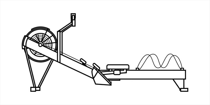 Black and white line art illustration of a professional rowing machine used for indoor cardio exercise and strength training workouts in a gym setting Vector, illustration