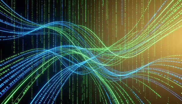 Futuristic technology background with flowing binary code, digital light effects, and data streams