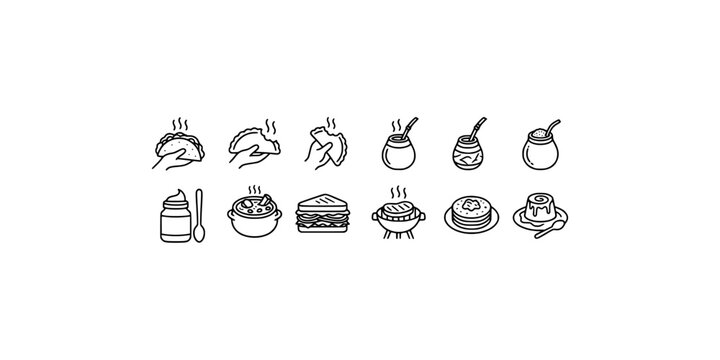Icon set collection of Latin American food and drink icons including tacos, empanadas, mat&eacute; gourds, grilled meats, and desserts.