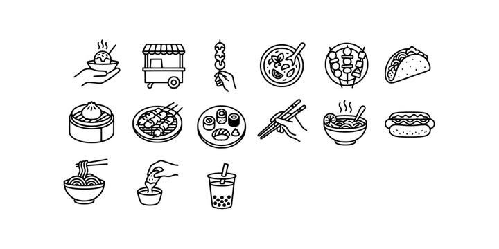 Icon set collection of popular Asian street food, dim sum, skewers, bubble tea, and various dining icons in line style.