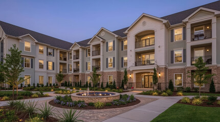 Obraz premium Luxury apartment complex exterior with landscaped courtyard and evening lights