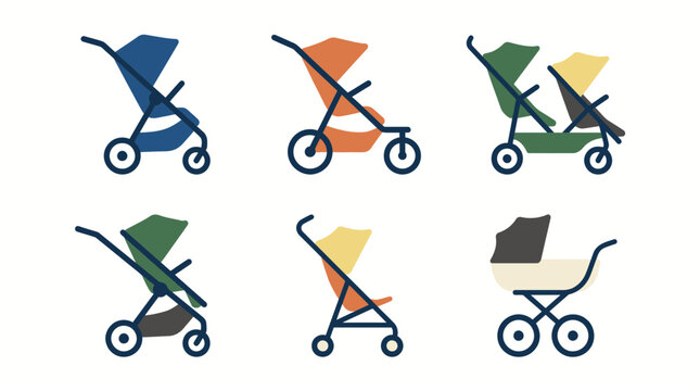 Collection of different baby stroller and pram designs in flat vector style.
