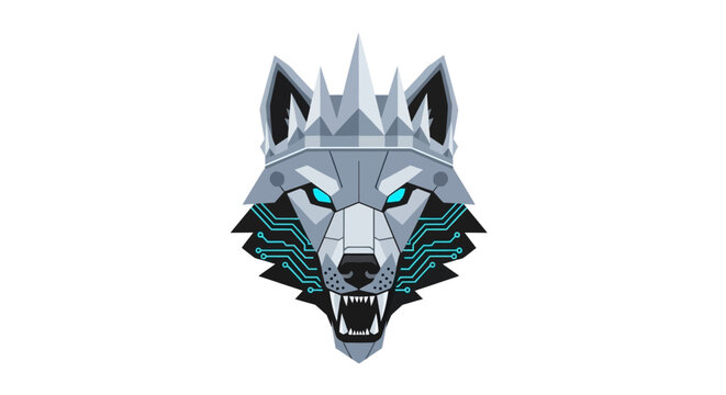Geometric Wolf Head Illustration with Glowing Blue Eyes.