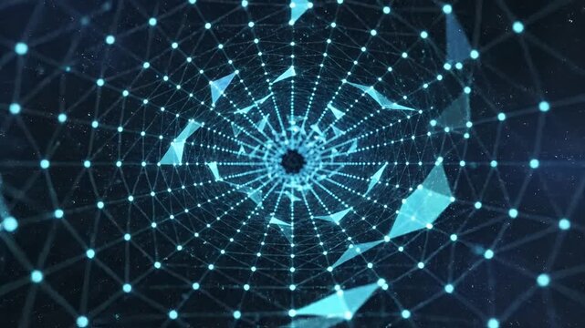 Abstract Digital Network Tunnel with Glowing Particles and Triangles.