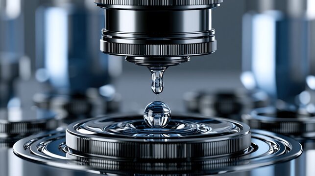 Clear transparent oil drop falling from black metal nozzle onto shiny metal machine part for industrial lubricant and engine oil concept