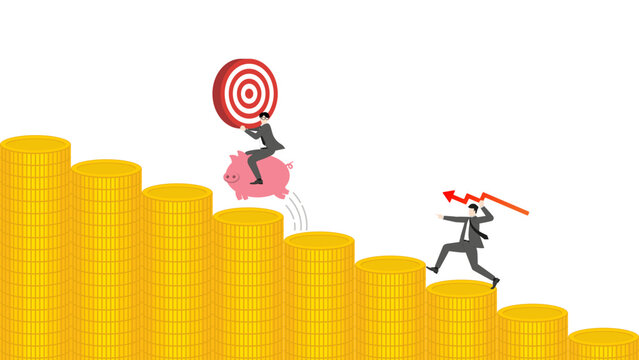 Businessman throwing red downward trend arrow at competitor riding piggy bank holding target on decreasing stacks of golden coins bar chart background for financial investment risk loss