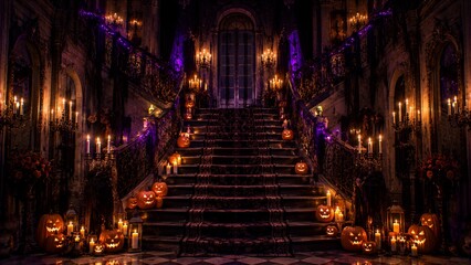 Fototapeta premium Dark gothic Halloween staircase with glowing pumpkins candles and haunted mansion interior