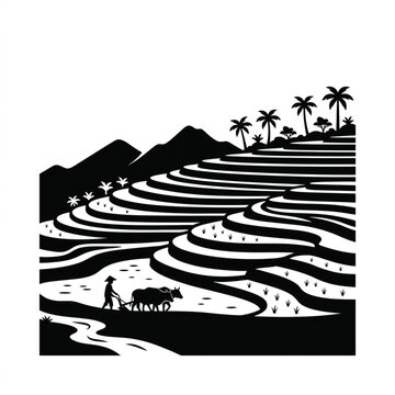 Traditional rice terrace farm vector illustration with farmer plowing field using buffalo, scenic asian rural landscape