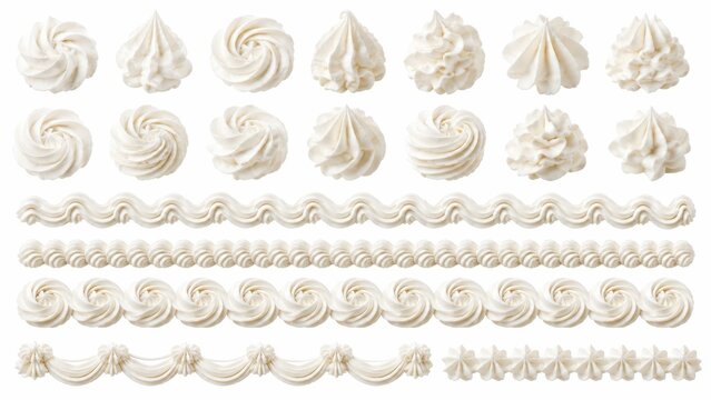 Whipped cream swirls and frosting borders set, white buttercream piping swirls for cake decoration, sweet dairy foam dollops on white background