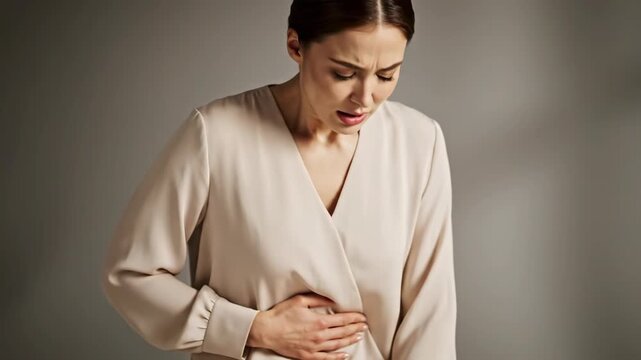 Distressed Woman Suffering from Severe Acid Reflux and Heartburn Symptoms Holding Her Stomach in Painful Discomfort
