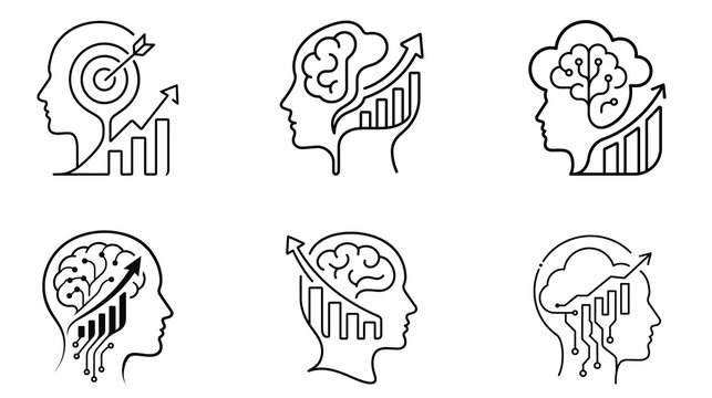 Minimal Human Mind Technology Icons Set with AI Brain, Growth, Target and Digital Innovation Line Art