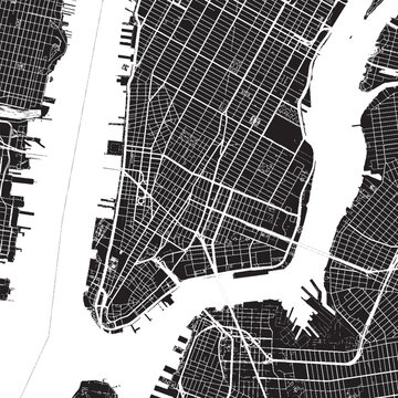 Lower Manhattan New York Vector Map, Detailed District Street Map Black and White Minimalist Line Art