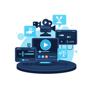 Modern vector illustration of video editing software interface elements, playback controls, digital timeline sliders, camera icons, and multimedia production tools.