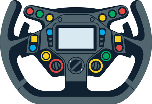 Flat vector illustration of a high-tech race car steering wheel with an empty digital display screen. Pro gaming simulation controller graphic, perfect for motorsport team logos or driving game design