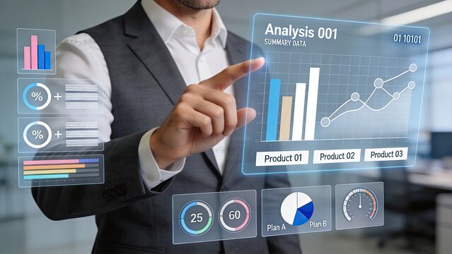 Professional analyzing summary data on futuristic dashboard interface, featuring bar graphs and pie charts for product performance comparison and strategic planning.