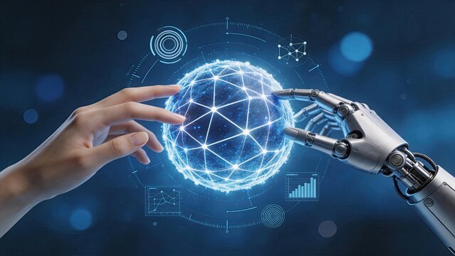 Human hand touching robotic hand around a glowing global network sphere, symbolizing the collaboration between humanity and artificial intelligence in future tech.