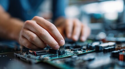 Fototapeta premium Close-Up of Diverse Hands Assembling Electronic Components on Board