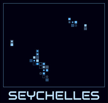 Seychelles digital style map. Large square dots on dark background. Dotted shape of the island. Seychelles map and title. Elegant vector illustration.