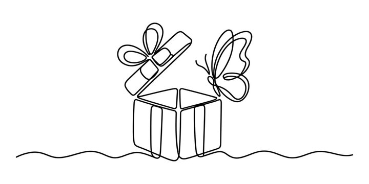 Continuous single line drawing of an open gift box with a butterfly flying out for a festive celebration surprise concept art in minimalist black style Vector, illustration