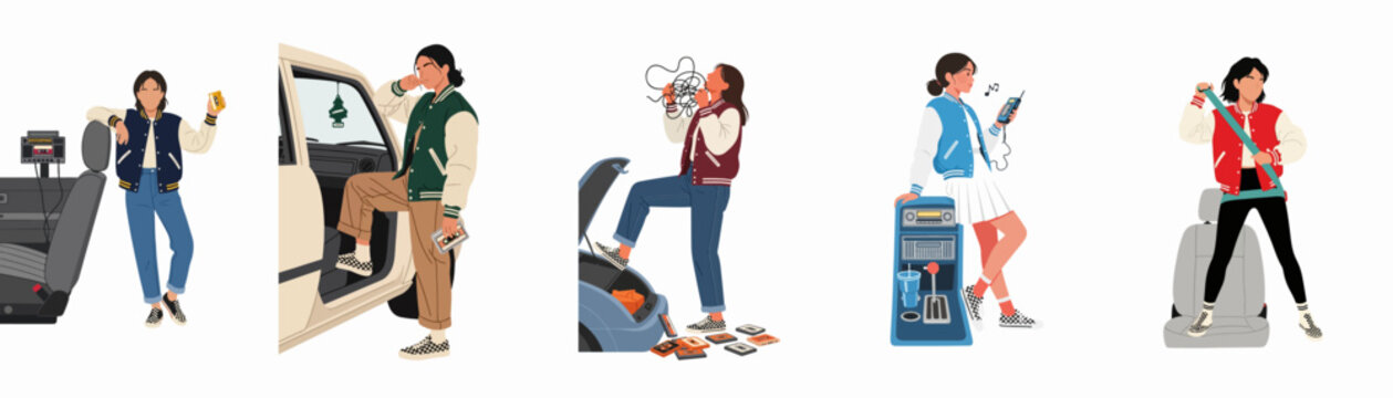 Set of flat vector illustrations depicting teenagers in retro aesthetic, wearing varsity jackets and interacting with vintage cars and cassette tapes.